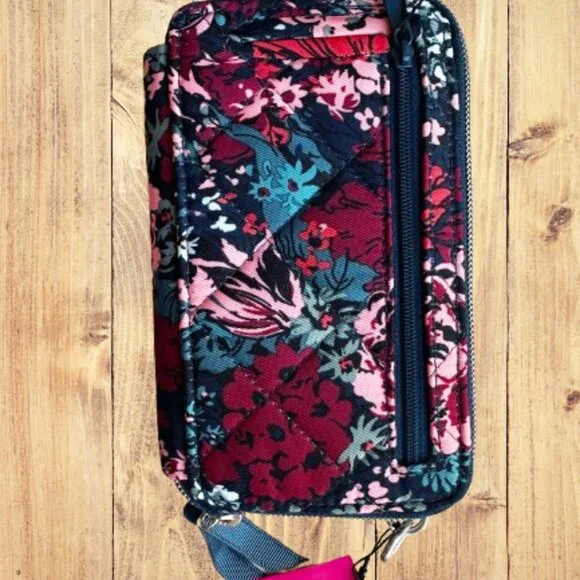 Vera Bradley Iconic RFID 3 in One Crossbody Wallet-Cabbage Rose Cabernet - Picture 2 of 5